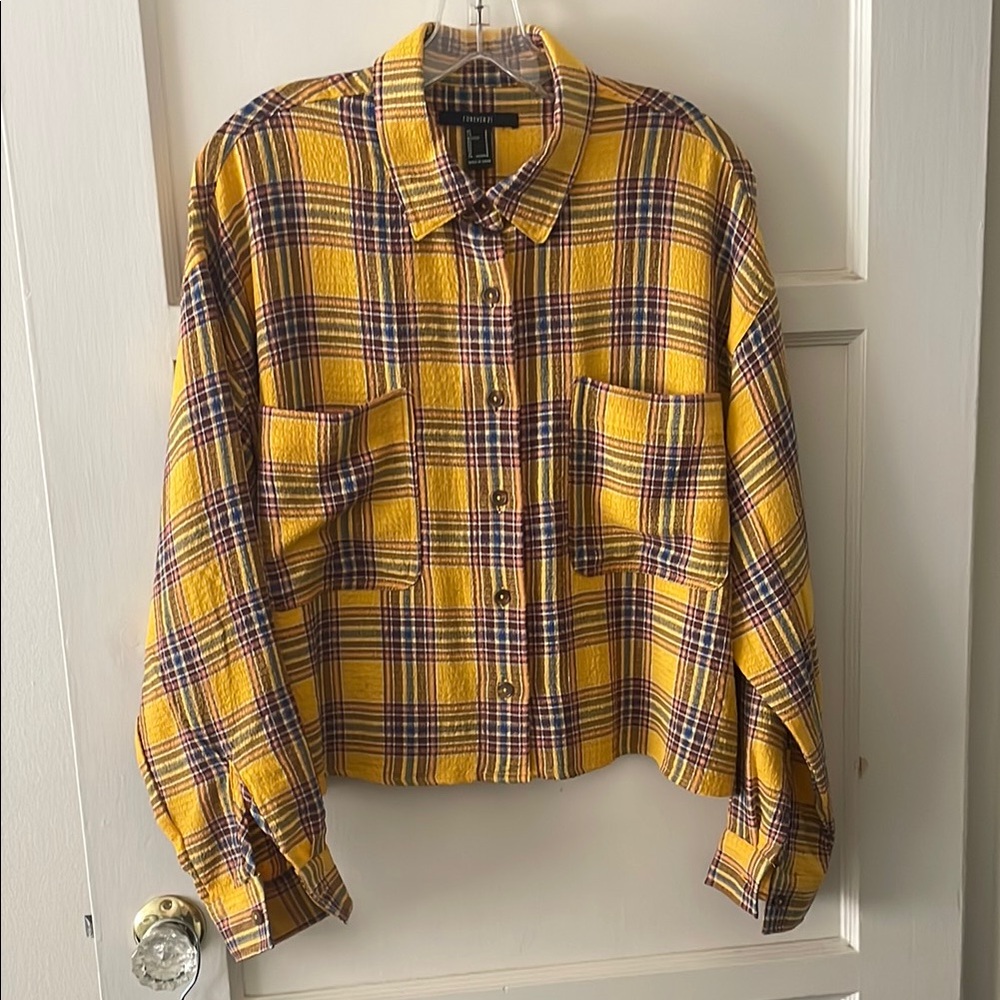 Forever 21 Yellow Plaid Gauze Cropped Oversized Shirt Size Small 💫 NWOT